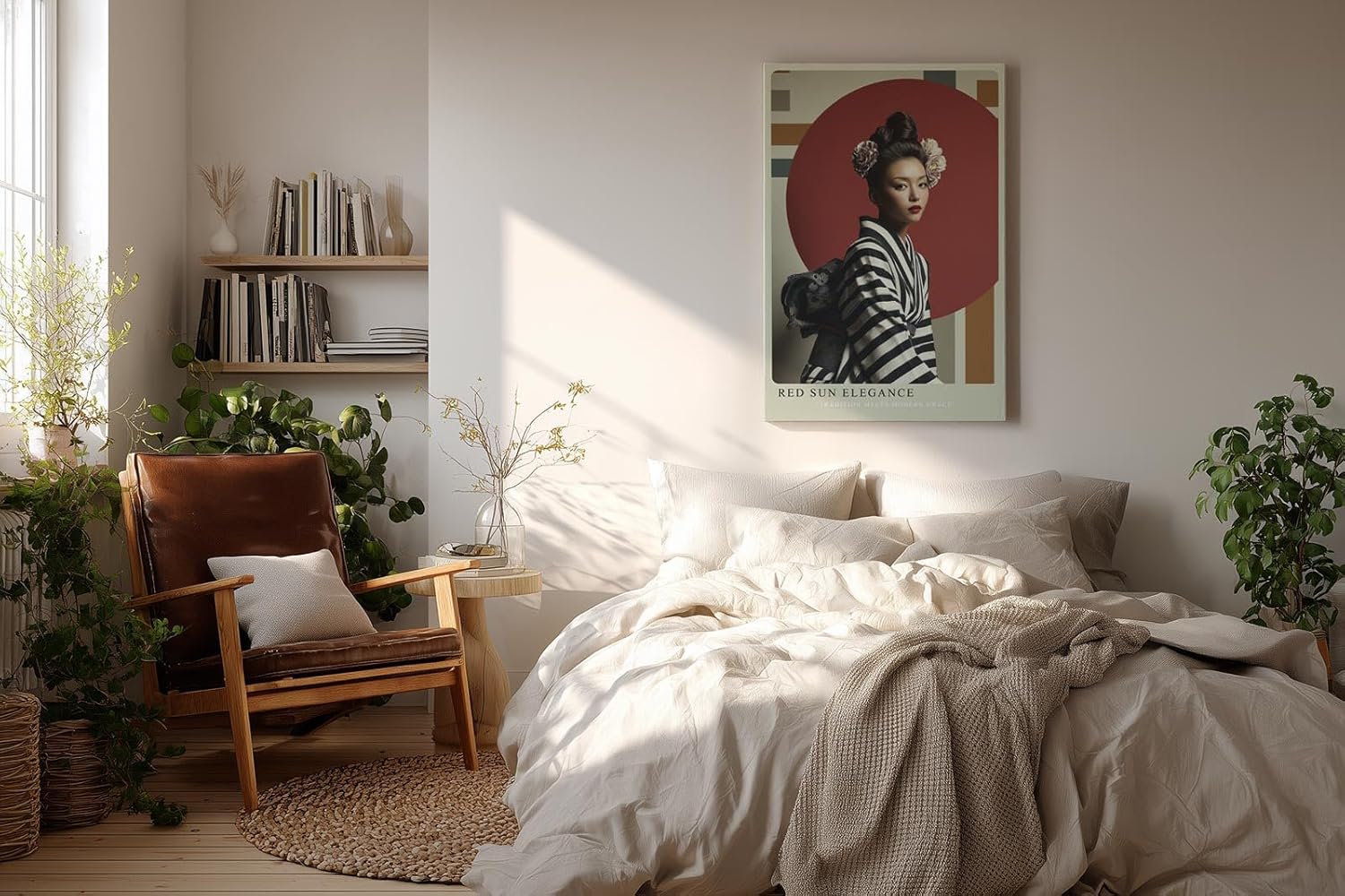 Paul Sinus Wandbild in 40x60cm Red Sun Elegance Porträt einer Frau im gestreiften Kimono vor rotem Kreis mit floralen Haarakzenten für elegante Raumgestaltung