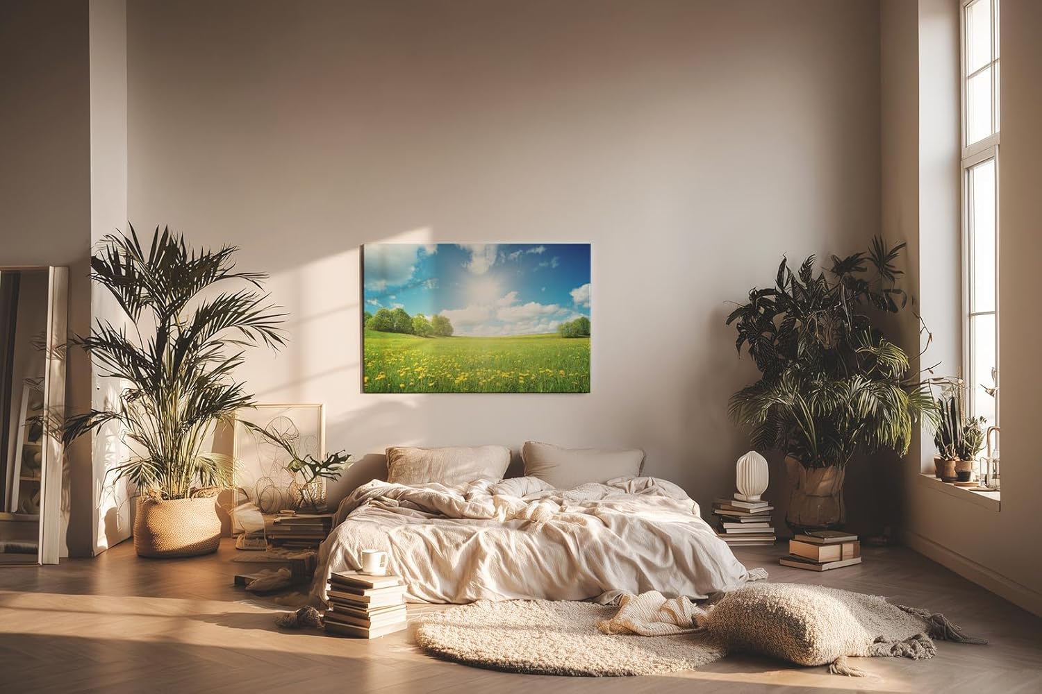 Sinus Art Wandbild 120x80cm Weite Frühlingswiese mit gelben Blüten und strahlendem Himmel für fröhliche Atmosphäre