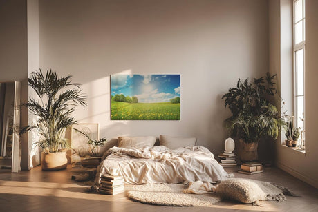 Sinus Art Wandbild 120x80cm Weite Frühlingswiese mit gelben Blüten und strahlendem Himmel für fröhliche Atmosphäre