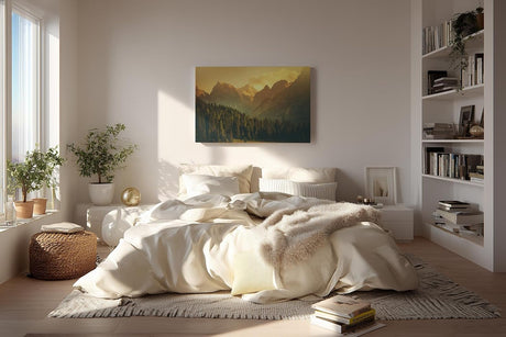 Sinus Art Wandbild 120x80cm Goldenes Abendlicht taucht die Berge und Wälder in sanfte, beruhigende Töne