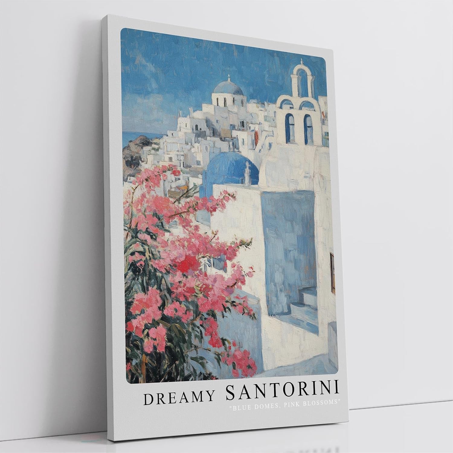 Paul Sinus Leinwandbild 60x90cm Traumhaftes Santorini – Weiß-blaue Architektur mit rosa Blüten und mediterraner Leichtigkeit