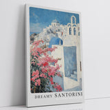 Paul Sinus Leinwandbild 60x90cm Traumhaftes Santorini – Weiß-blaue Architektur mit rosa Blüten und mediterraner Leichtigkeit