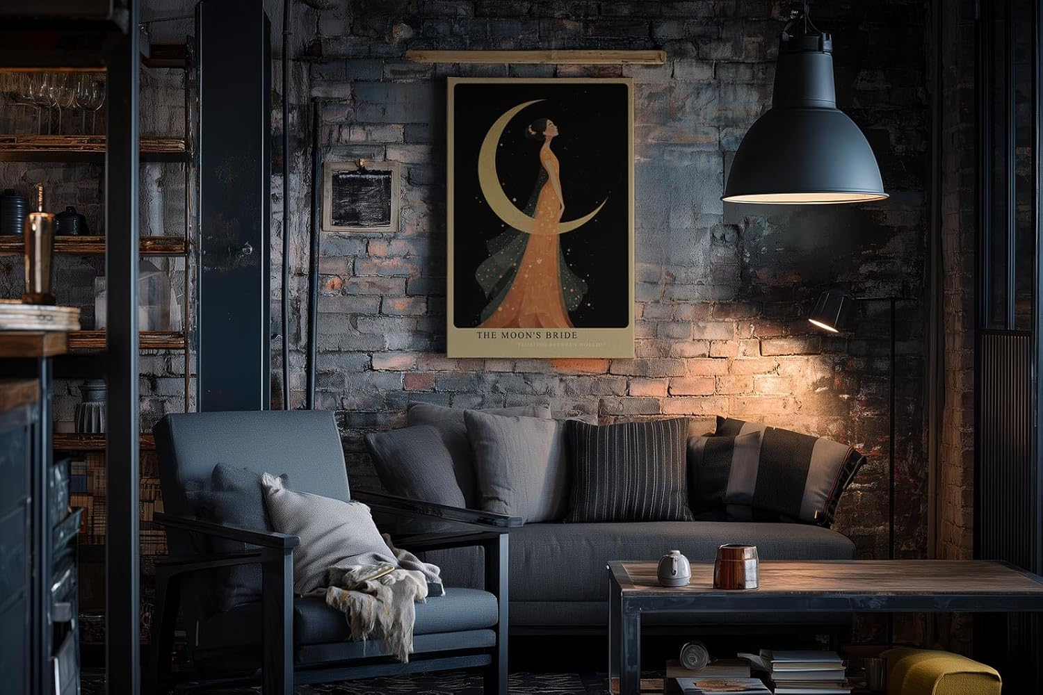 Paul Sinus Wandbild in 40x60cm The Moons Bride Elegante Frau in orangefarbenem Kleid vor goldener Mondsichel mit floralen Akzenten und romantischem Flair