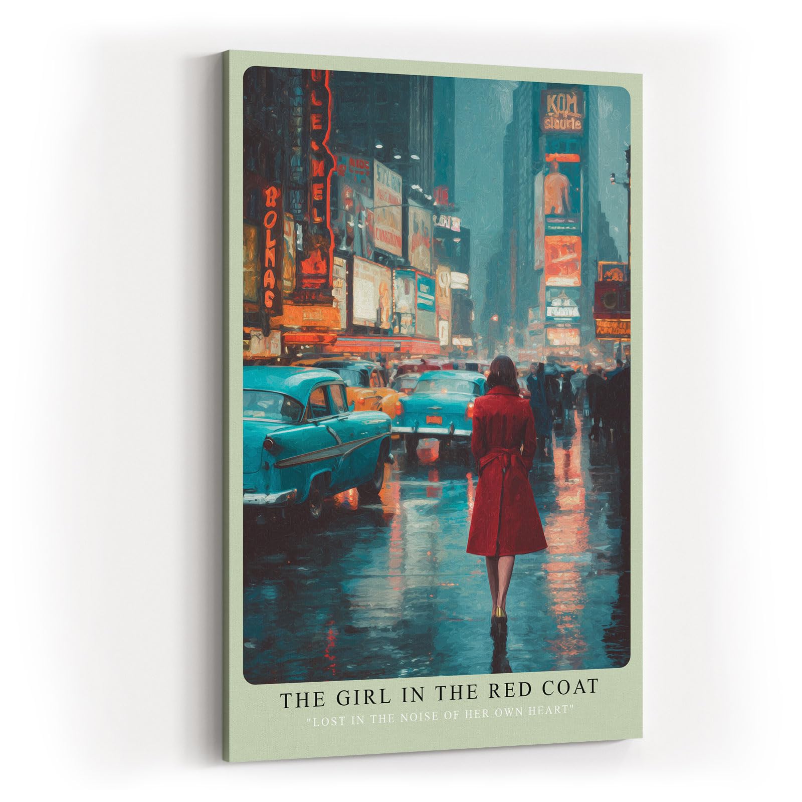 Paul Sinus Wandbild in 40x60cm The Girl in the Red Coat Impressionistische Stadtszene mit Frau im roten Mantel im nächtlichen Times Square