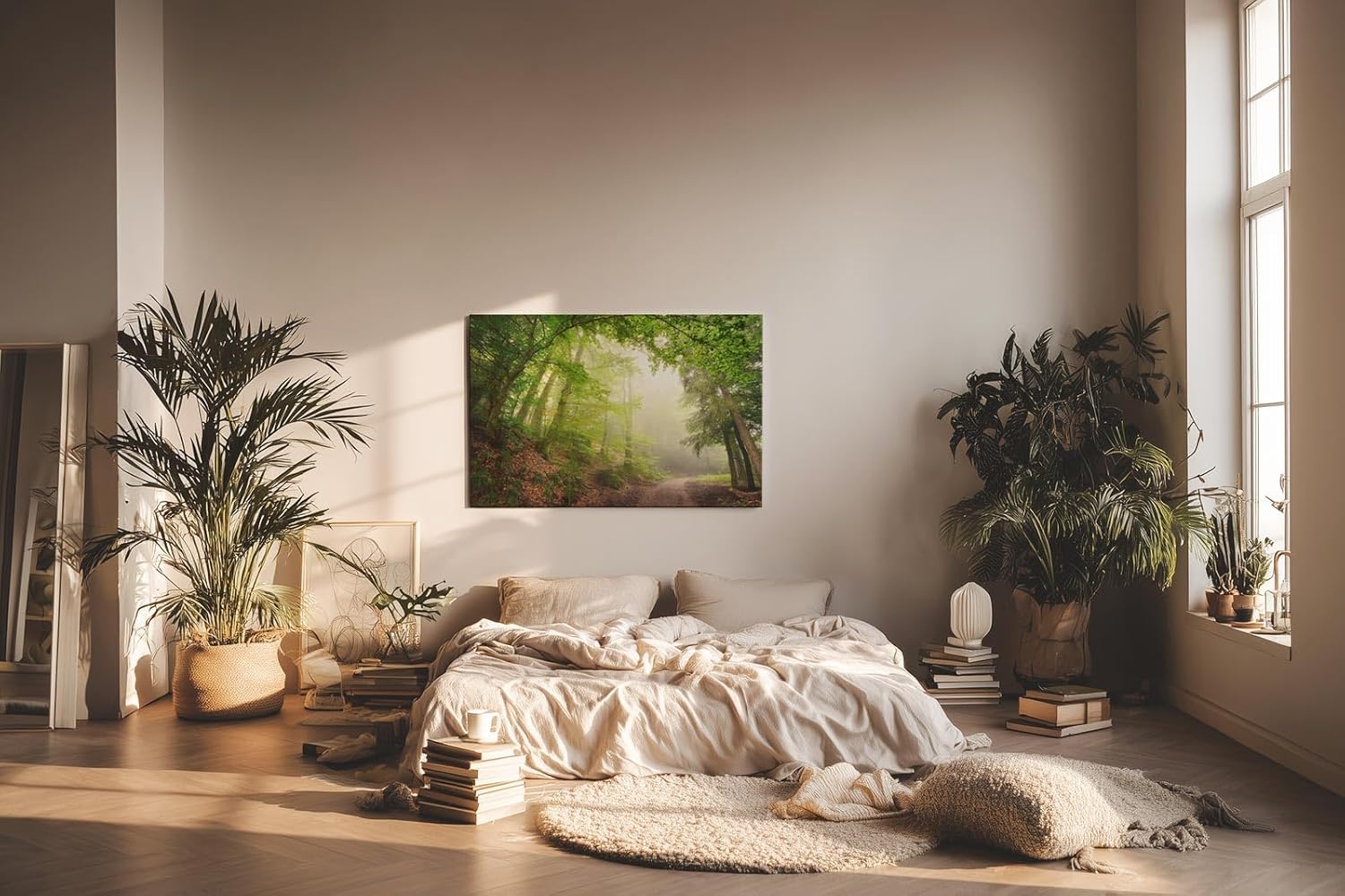 Sinus Art Wandbild 120x80cm Faszinierender Waldweg mit mystischem Nebel für Ruhe und Tiefe in jedem Raum