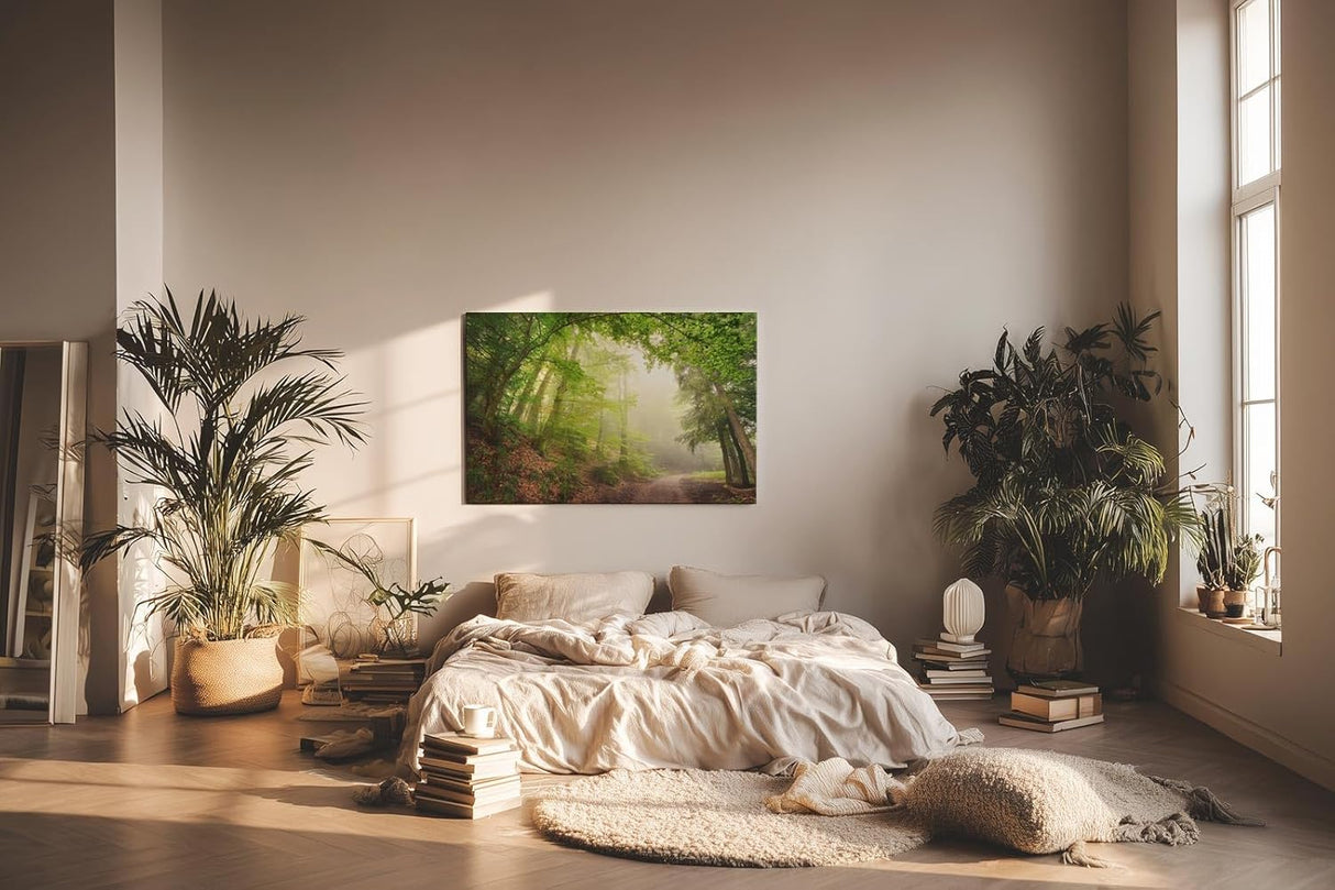 Sinus Art Wandbild 120x80cm Faszinierender Waldweg mit mystischem Nebel für Ruhe und Tiefe in jedem Raum