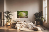 Sinus Art Wandbild 120x80cm Faszinierender Waldweg mit mystischem Nebel für Ruhe und Tiefe in jedem Raum