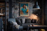Paul Sinus Wandbild in 40x60cm The Airfield Queen mit selbstbewusster Frau im Retro-Stil vor gelbem Flugzeug für kraftvolle Wandgestaltung