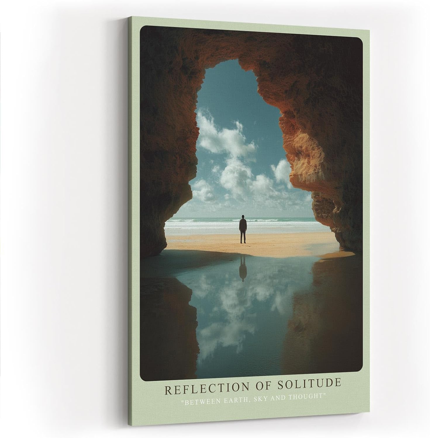 Paul Sinus Wandbild in 40x60cm Reflection of Solitude – Person am Strand im Felsenrahmen mit ruhiger Meereskulisse