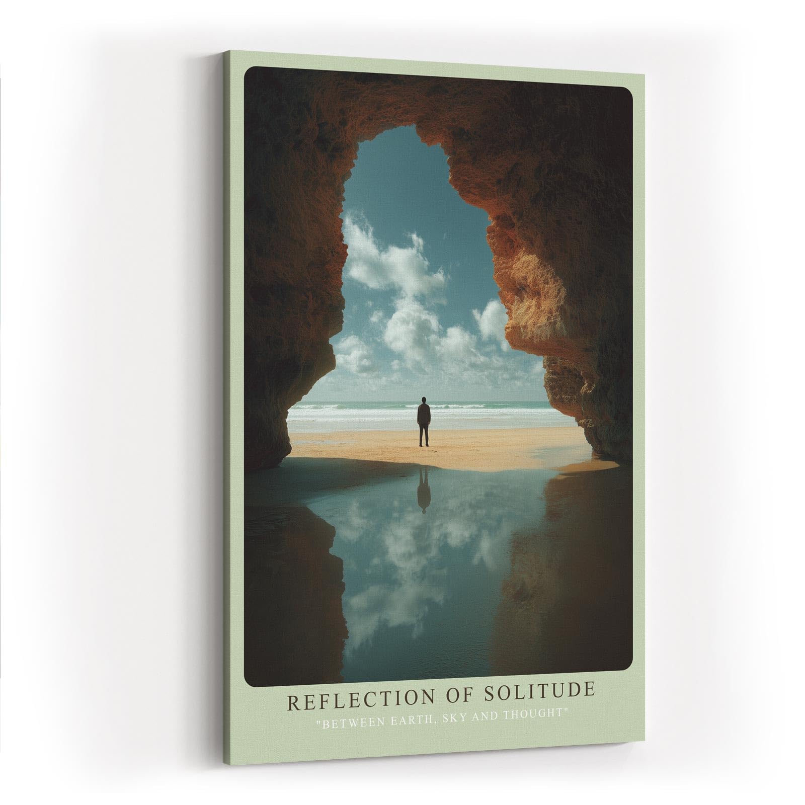 Paul Sinus Wandbild in 40x60cm Reflection of Solitude – Person am Strand im Felsenrahmen mit ruhiger Meereskulisse