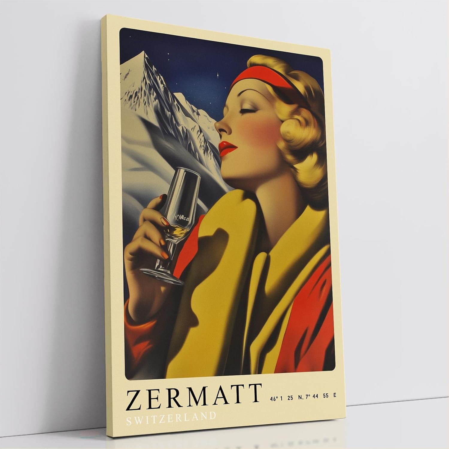 Paul Sinus Leinwandbild 40x60cm Leinwandbild Retro Lady Zermatt Alpen Eleganz Vintage Stil Genuss Kunst Schweiz stilvolle Berglandschaft Nostalgie