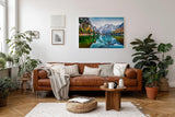Sinus Art Wandbild 120x80cm Bunt gefärbte Herbstbäume spiegeln sich im ruhigen Bergsee vor alpiner Kulisse