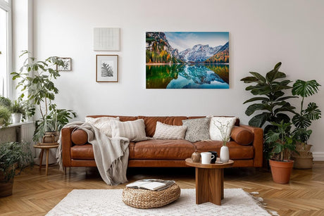 Sinus Art Wandbild 120x80cm Bunt gefärbte Herbstbäume spiegeln sich im ruhigen Bergsee vor alpiner Kulisse