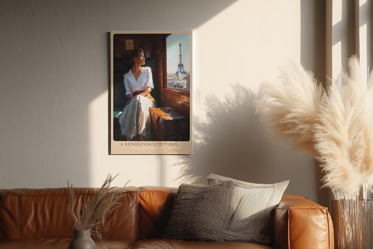 Paul Sinus Wandbild in 40x60cm A Rendezvous in Paris – Frau im Zug mit Blick auf den Eiffelturm, romantische Stadtszene im warmen Licht