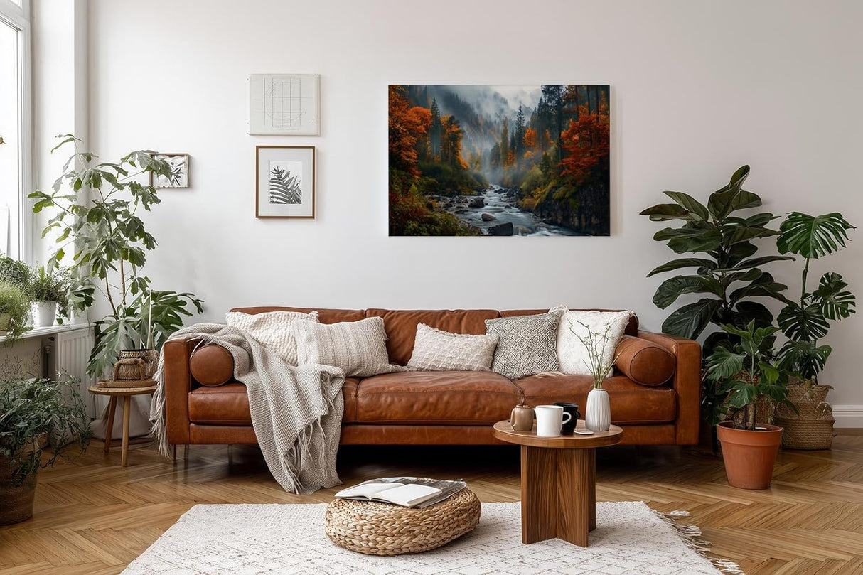 Sinus Art Wandbild 120x80cm Stimmungsvolles Naturmotiv mit fließendem Bach im nebelverhangenen Herbstwald – lebendig und tiefgründig
