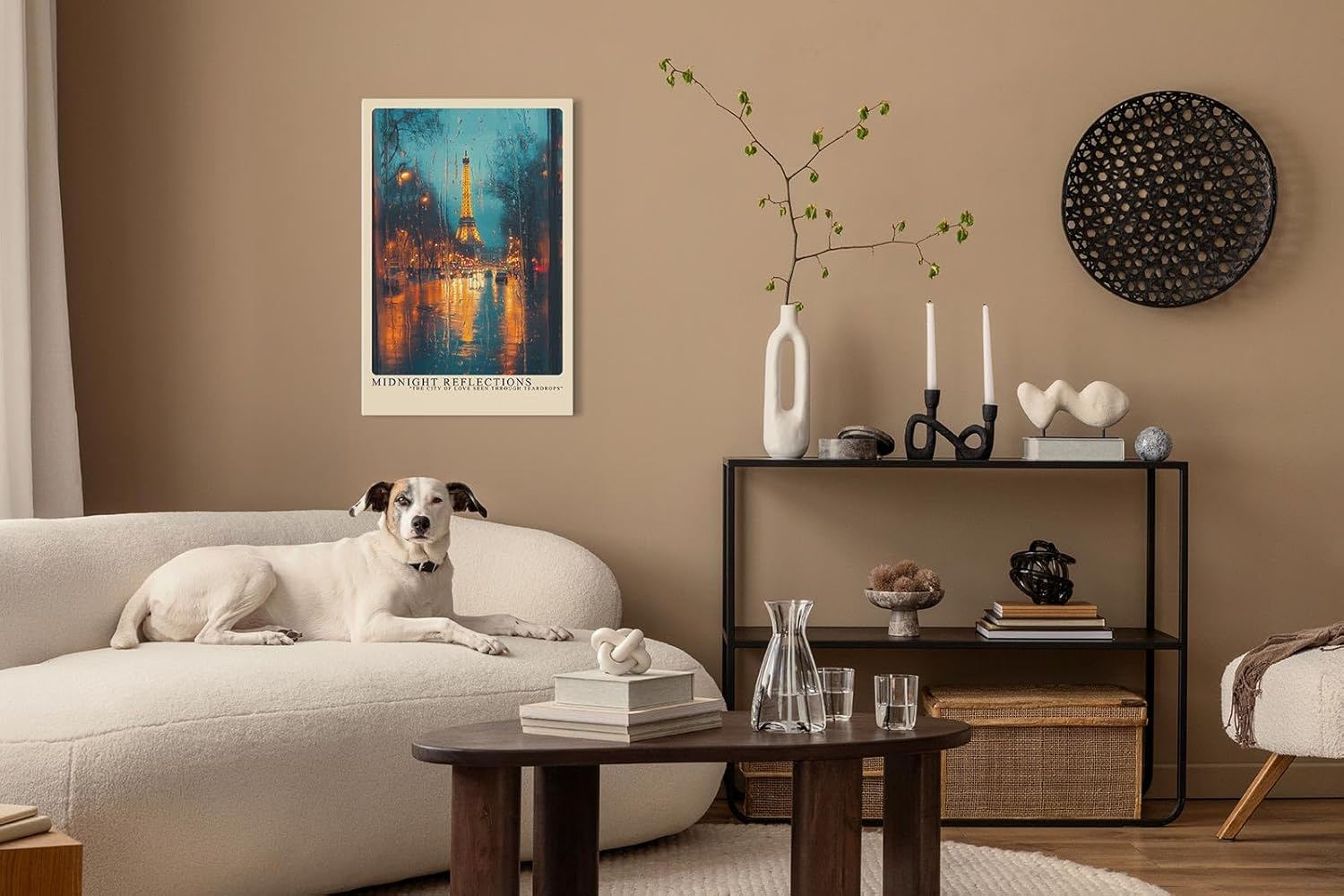 Paul Sinus Leinwandbild 80x120cm Mitternächtliche Reflexionen – Stimmungsvolle Stadtansicht von Paris mit Eiffelturm und regennassen Lichtern