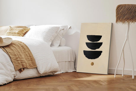 Paul Sinus 60x90cm Wandbild, Edle Harmonie in Fokusbalance – schwarze Schalen und goldener Kreis im Gleichgewicht