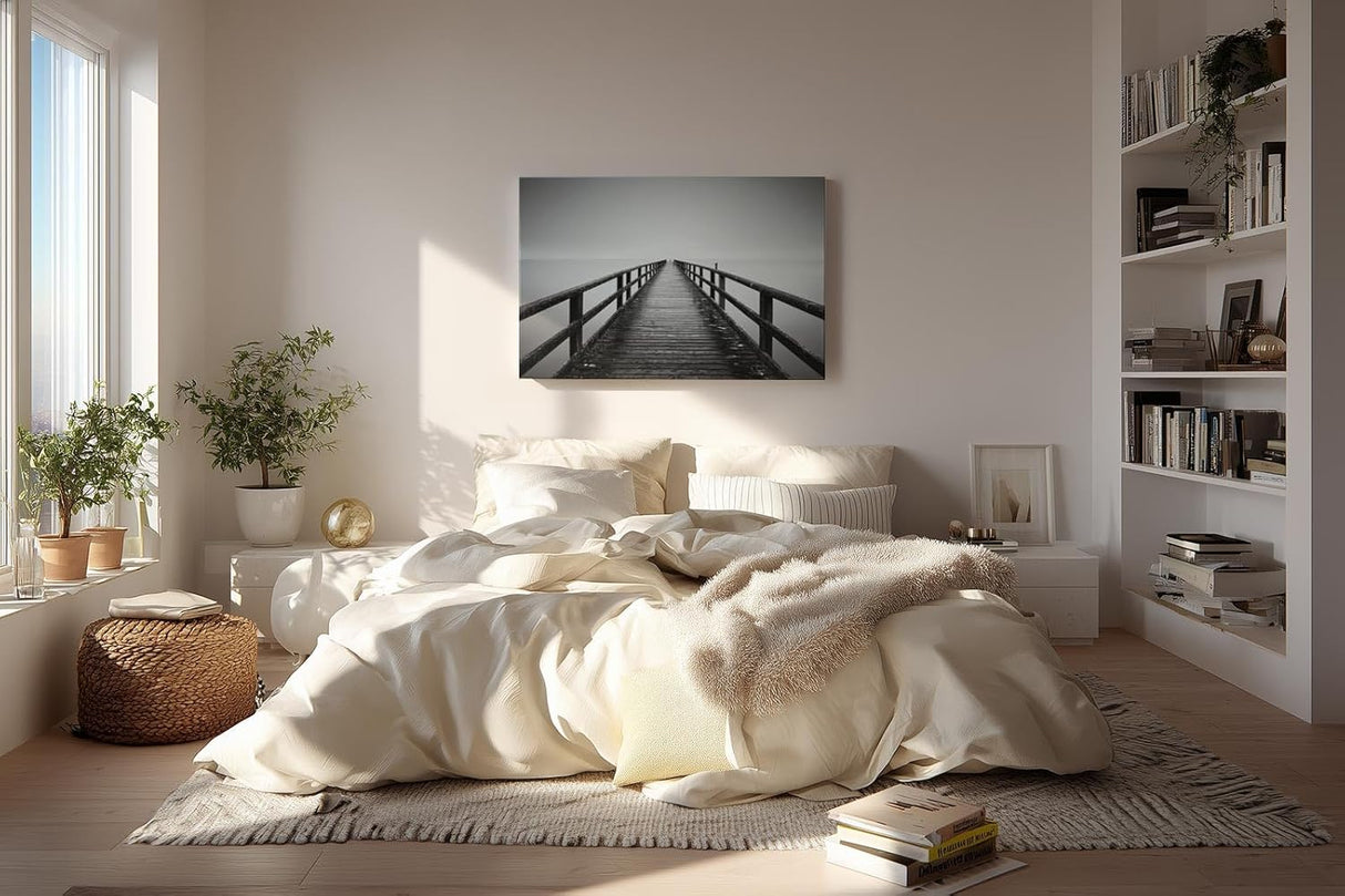 Sinus Art Wandbild 120x80cm Langer Holzsteg führt zentriert in den Horizont – ein Sinnbild für Ruhe und Fokus