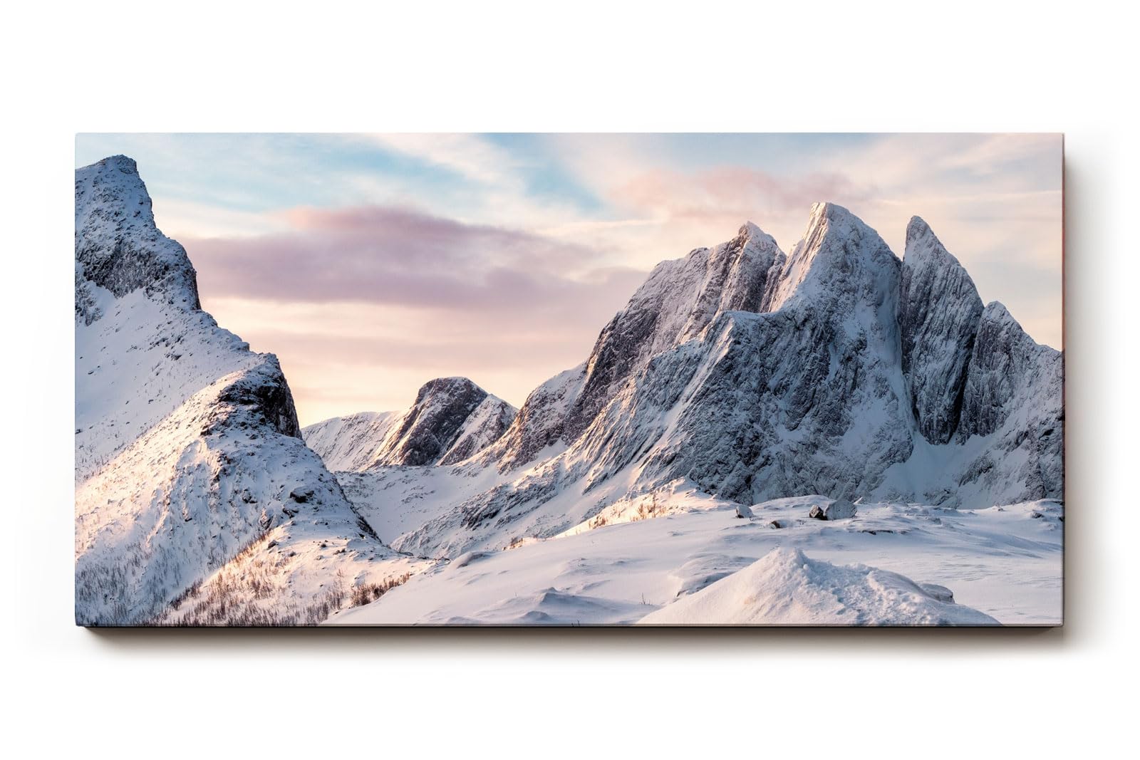 Sinus Art Wandbild 120x80cm Imposante Schneelandschaft mit Sonnenlicht auf Gipfeln für klare und ruhige Raumwirkung