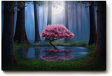 Sinus Art Wandbild 120x80cm Blühender Kirschbaum am Wasser im Mondlicht zwischen dunklen Bäumen für magische Wirkung