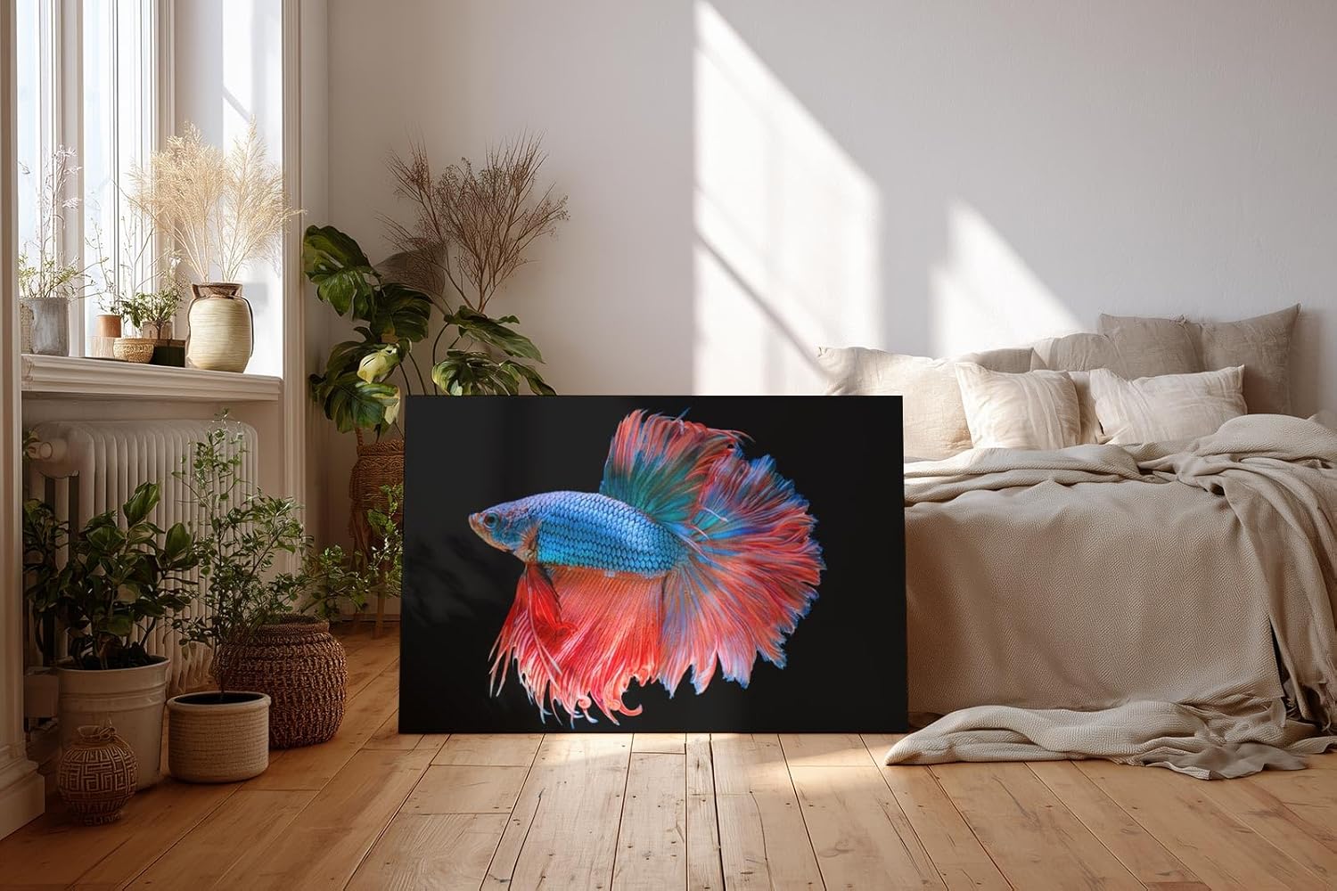 Sinus Art Wandbild 120x80cm Faszinierender Betta-Fisch mit dynamischer Flossenpracht in Rot und Blau auf dunklem Fond