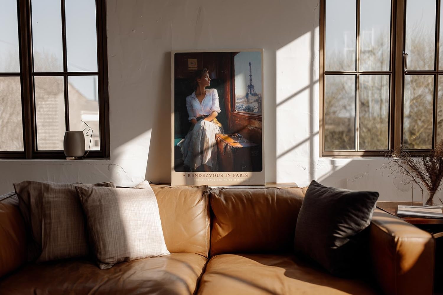 Paul Sinus Wandbild in 40x60cm A Rendezvous in Paris – Frau im Zug mit Blick auf den Eiffelturm, romantische Stadtszene im warmen Licht