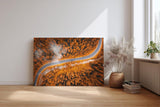 Sinus Art Wandbild 120x80cm Herbstlicher Mischwald mit elegant geschwungener Straße in Luftaufnahme