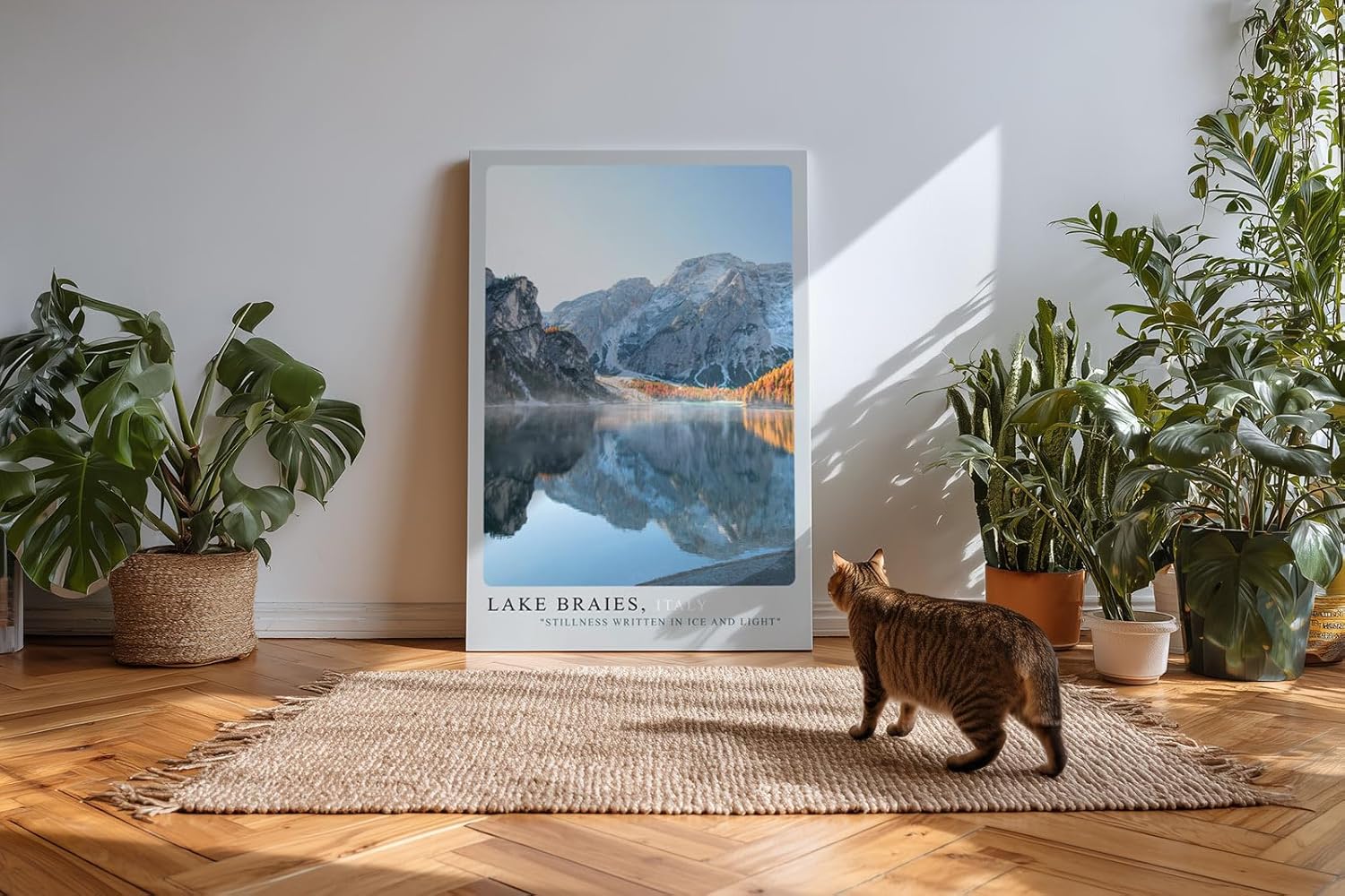 Paul Sinus Kunstdruck 40x60cm Lake Braies Italien – spiegelglatter Bergsee mit verschneiten Gipfeln in der Morgensonne