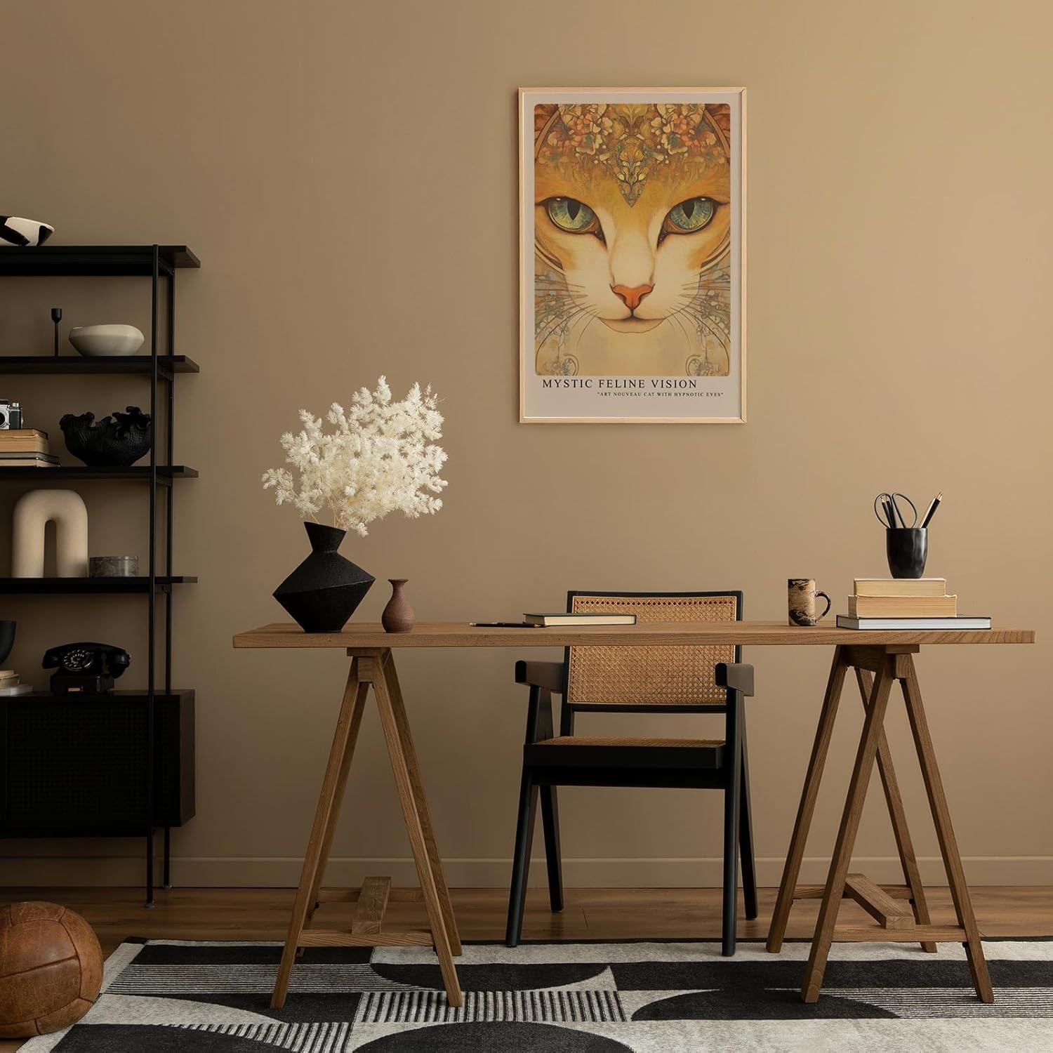 Paul Sinus Leinwandbild 40x60cm Mystische Katze kunstvoll hypnotisch surreal Jugendstil faszinierende Wandkunst elegante Farben detailreich harmonisch