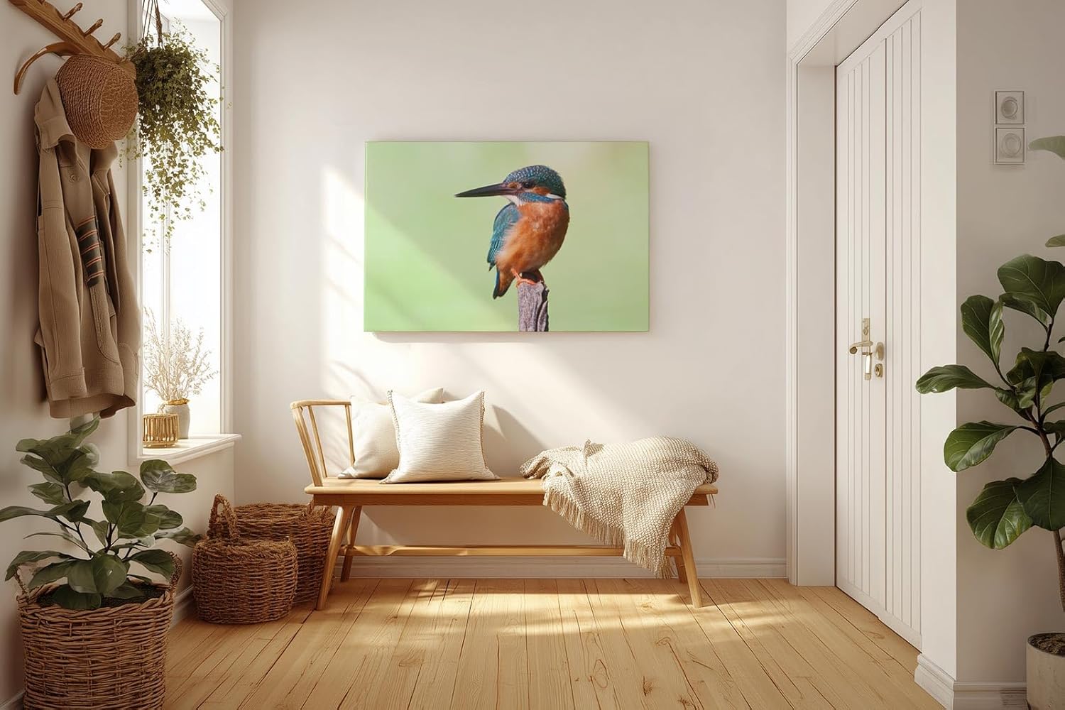 Sinus Art Wandbild 120x80cm Leuchtend blauer Eisvogel auf Ast vor ruhigem Hintergrund – naturgetreue Darstellung