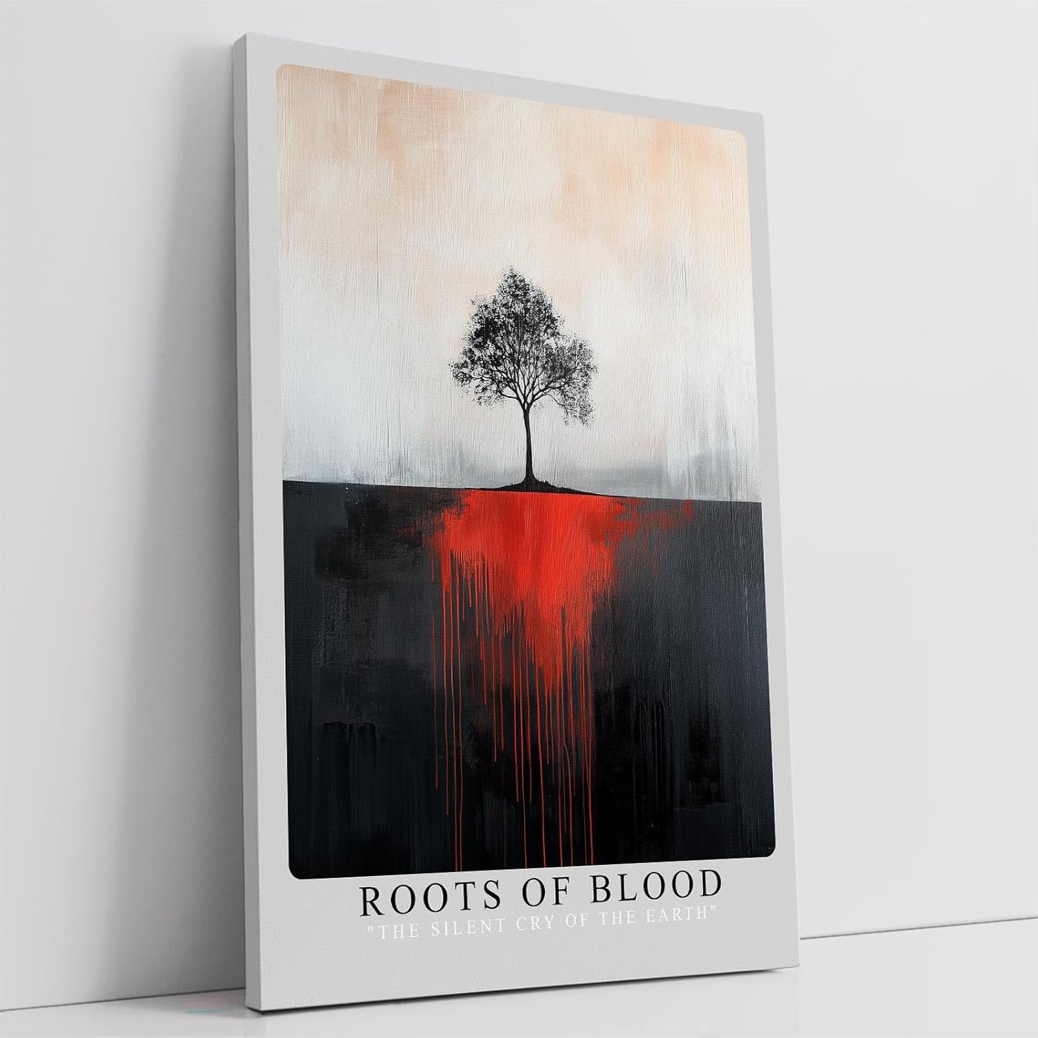 Paul Sinus Leinwandbild 80x120cm Roots of Blood – Symbolischer Baum mit dramatischen roten Wurzeln auf abstrakter Leinwand