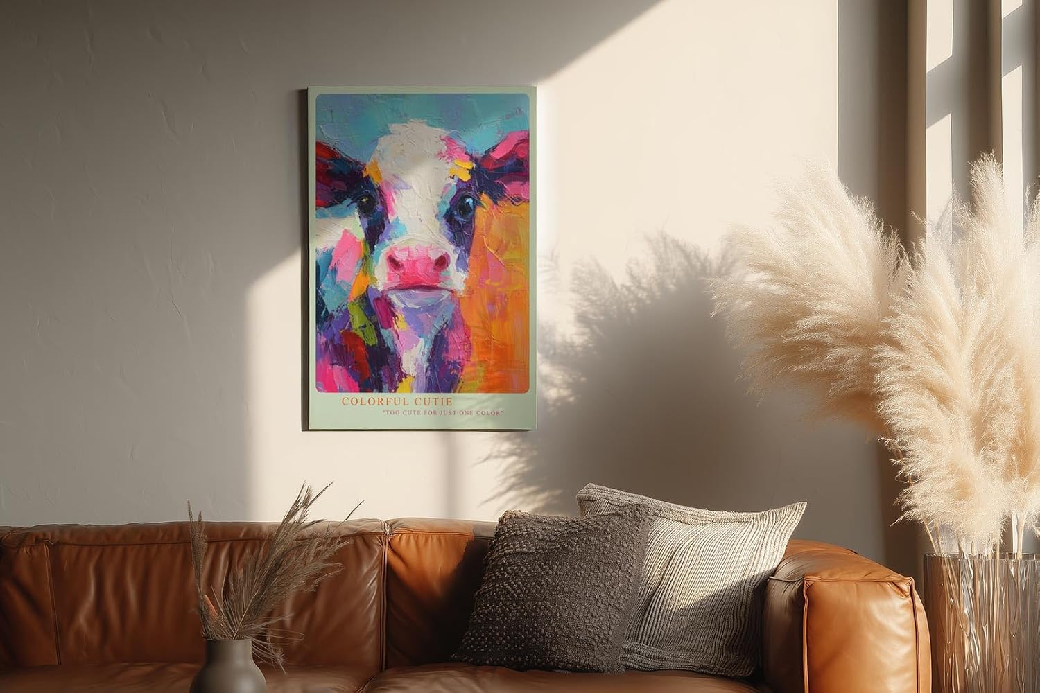 Paul Sinus Wandbild in 80x120cm Colorful Cutie – Buntes Kuh-Porträt im modernen Acrylstil, farbenfrohe Kunst für ein lebendiges Ambiente