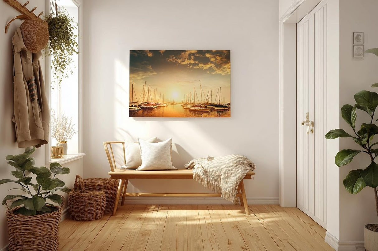 Sinus Art Wandbild 120x80cm Wunderschöner Sonnenuntergang über ruhigem Wasser mit segelnden Booten