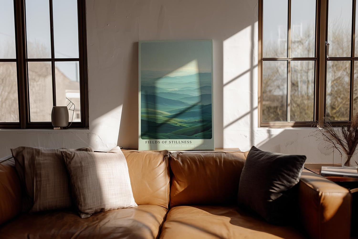 Paul Sinus Wandbild in 40x60cm Fields of Stillness – beruhigende Hügellandschaft in zarten Grünund Blautönen für harmonische Raumgestaltung