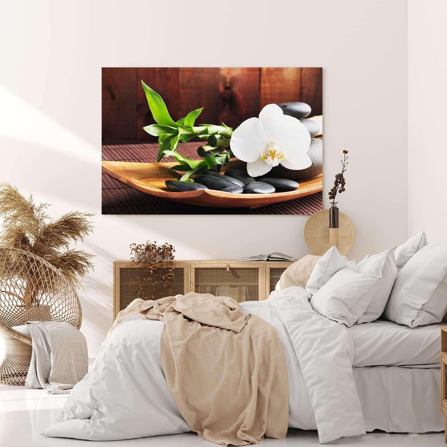 Paul Sinus Wandbild 120x80cm Feng Shui Orchidee weiße Blüte schwarze Steine Harmonie