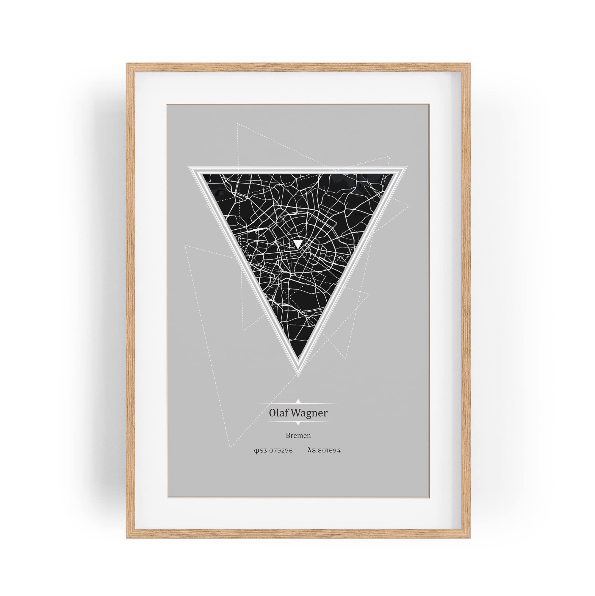 Paul Sinus personalisierter Bilderrahmen mit deinen GPS Koordinaten und Namen. 30cm x 42cm Holz Wechselrahmen mit Glas und Passepartout. Moderner Stadtplan. (ohne Rahmen)