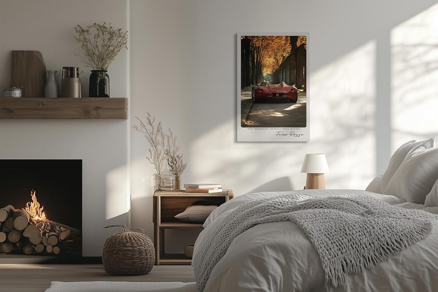 Paul Sinus Leinwandbild 60x90cm Falco Rosso Leinwandbild rotes Auto in herbstlicher Allee faszinierendes Zusammenspiel von Leistung und Schönheit