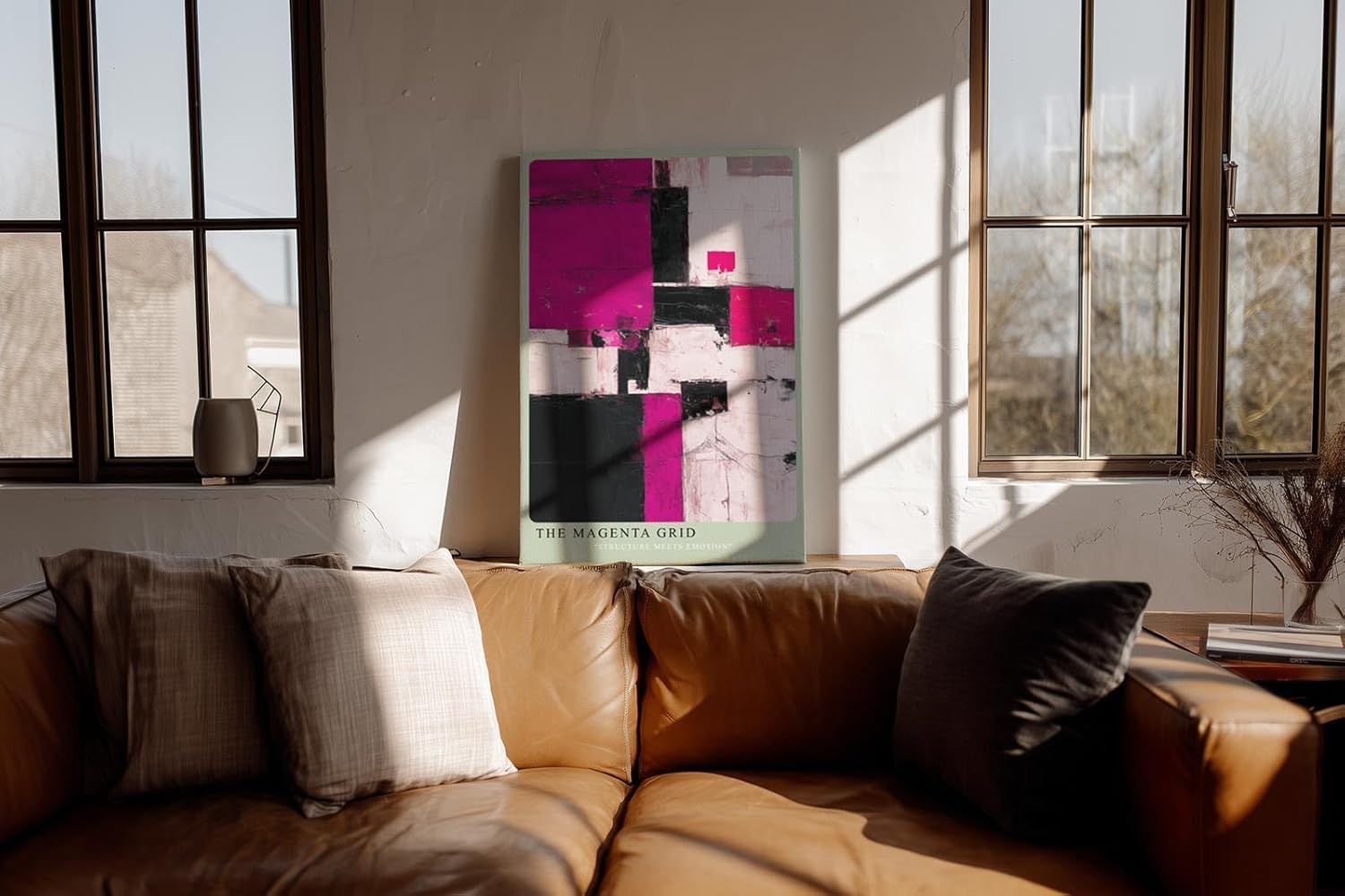 Paul Sinus Wandbild in 40x60cm The Magenta Grid – Strukturiertes abstraktes Kunstwerk in Pink, Schwarz und Weiß mit dynamischer Wirkung