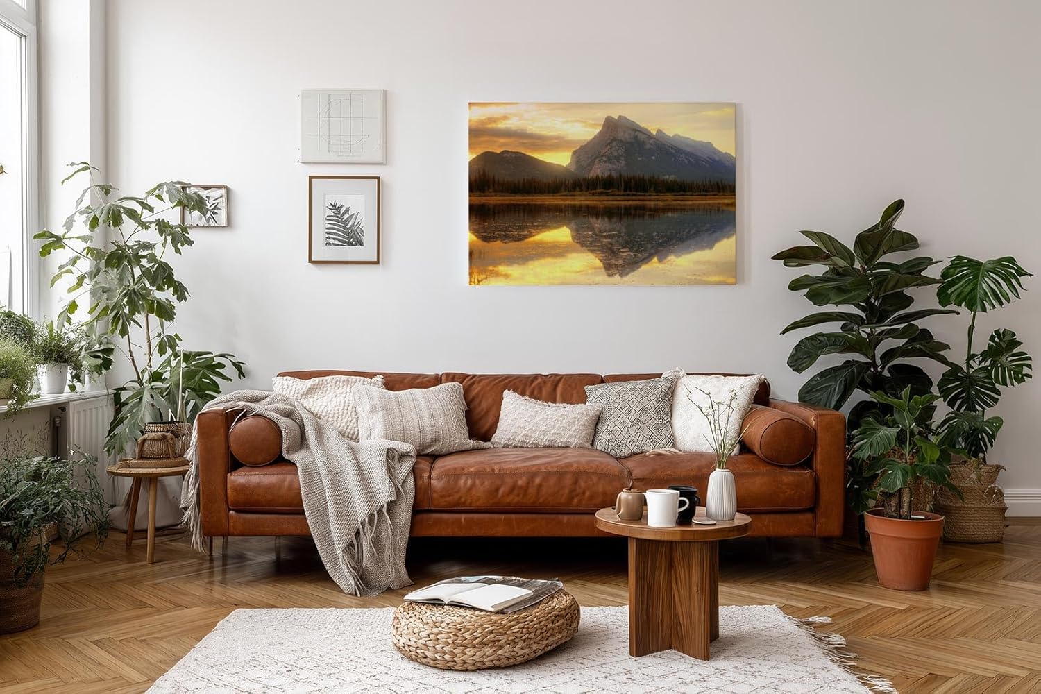Sinus Art Wandbild 120x80cm Bergmassiv spiegelt sich im ruhigen See – warm, still und kraftvoll zugleich