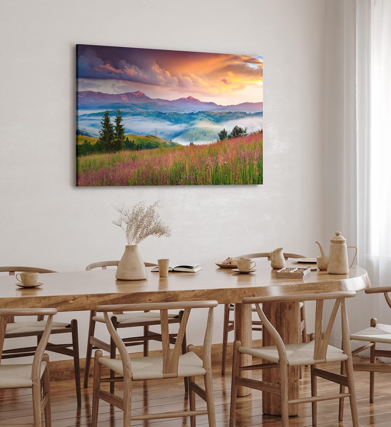 Paul Sinus Wandbild 120x80cm Bergtal Berge Berglandschaft Nebel Natur Blumenwiese