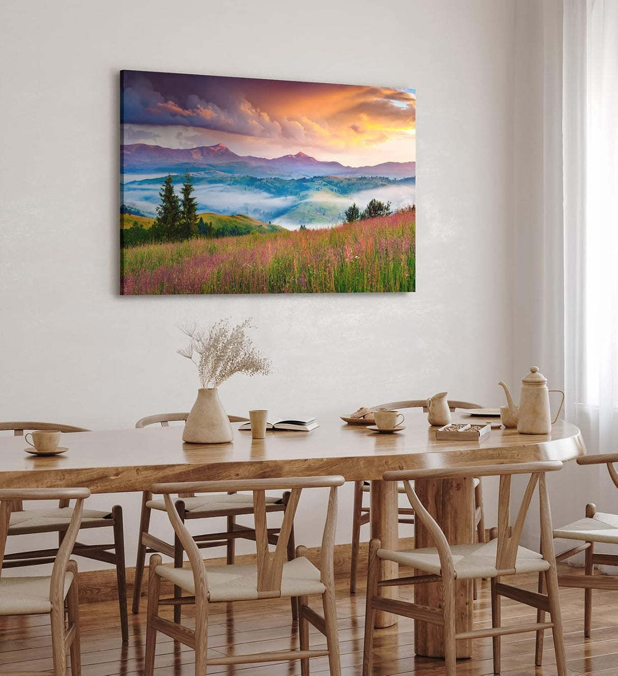 Paul Sinus Wandbild 120x80cm Bergtal Berge Berglandschaft Nebel Natur Blumenwiese