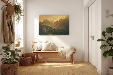 Sinus Art Wandbild 120x80cm Goldenes Abendlicht taucht die Berge und Wälder in sanfte, beruhigende Töne