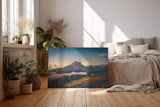 Sinus Art Wandbild 120x80cm Alpenmassiv im goldenen Licht des Sonnenaufgangs über grünen Hügeln