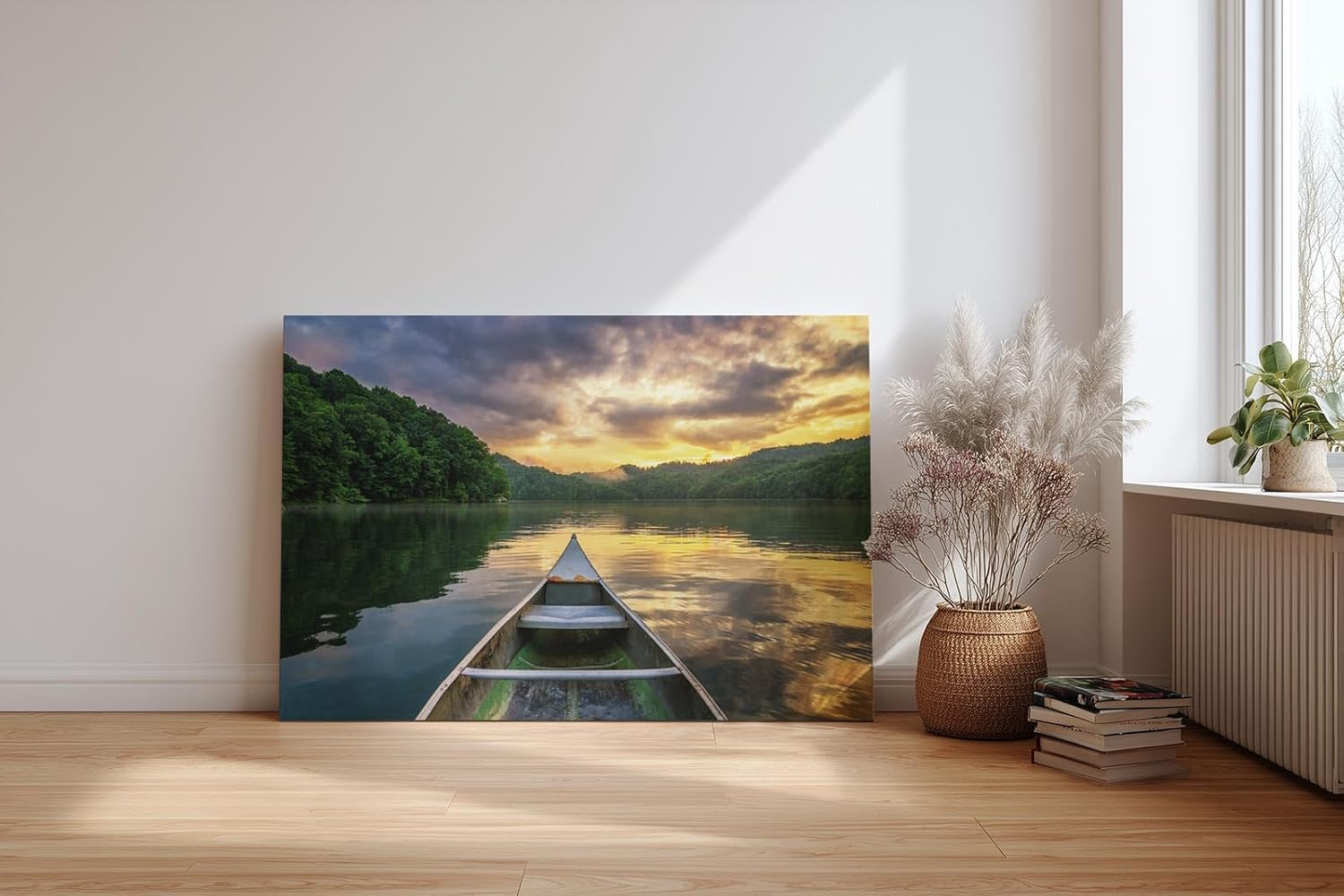 Sinus Art Wandbild 120x80cm Faszinierender Blick vom Boot über den See mit goldener Himmelsreflexion