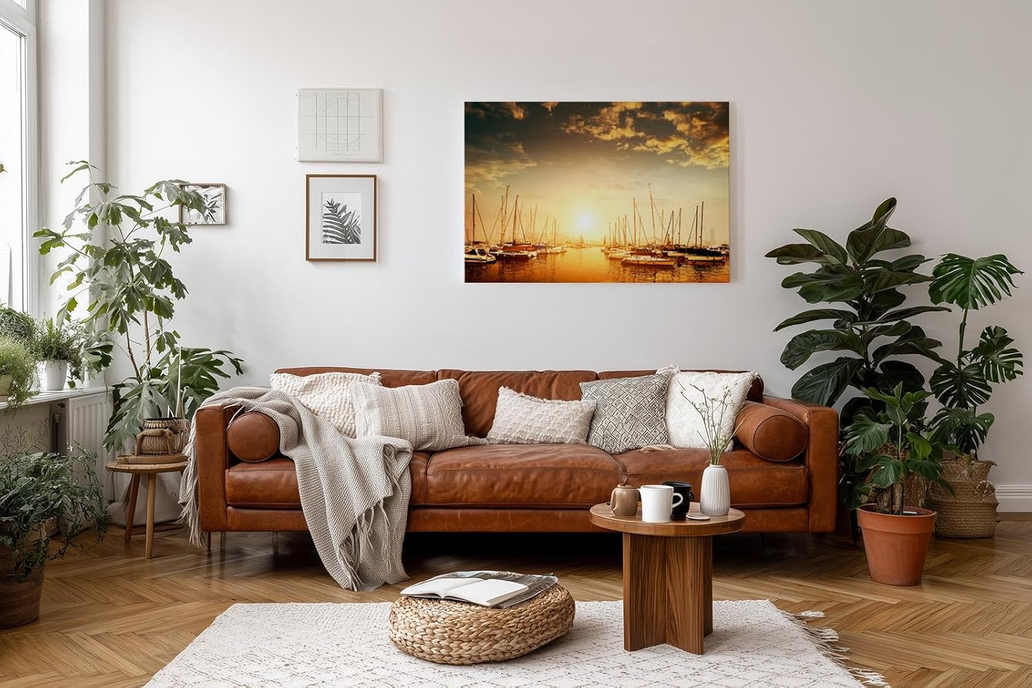Sinus Art Wandbild 120x80cm Wunderschöner Sonnenuntergang über ruhigem Wasser mit segelnden Booten