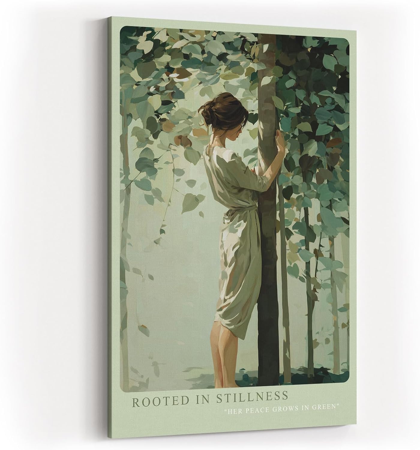 Paul Sinus Wandbild in 40x60cm Rooted in Stillness – Sanftes Porträt einer Frau, die inmitten grüner Blätter einen Baum umarmt, moderne Bilder in beruhigenden Naturtönen