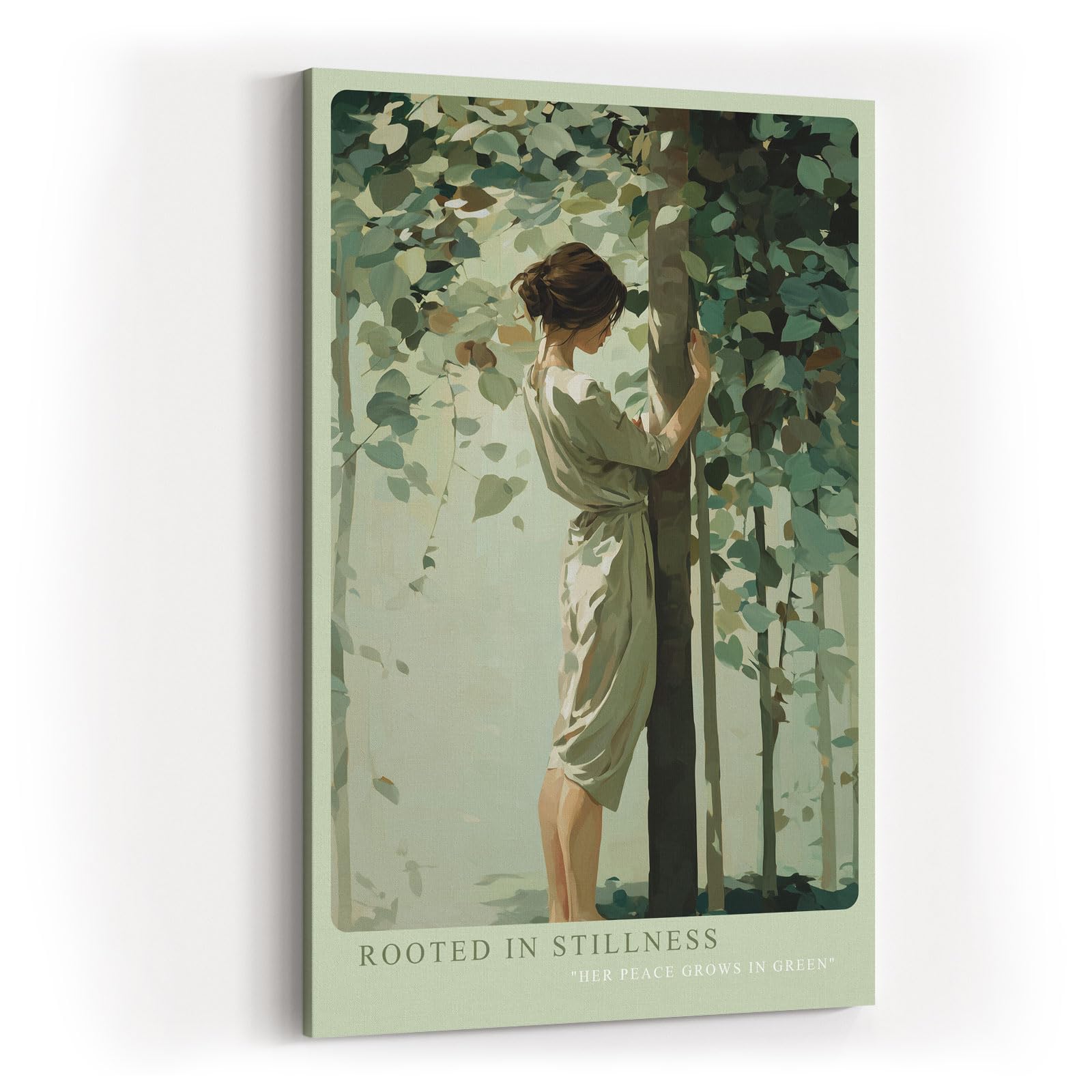 Paul Sinus Wandbild in 40x60cm Rooted in Stillness – Sanftes Porträt einer Frau, die inmitten grüner Blätter einen Baum umarmt, moderne Bilder in beruhigenden Naturtönen