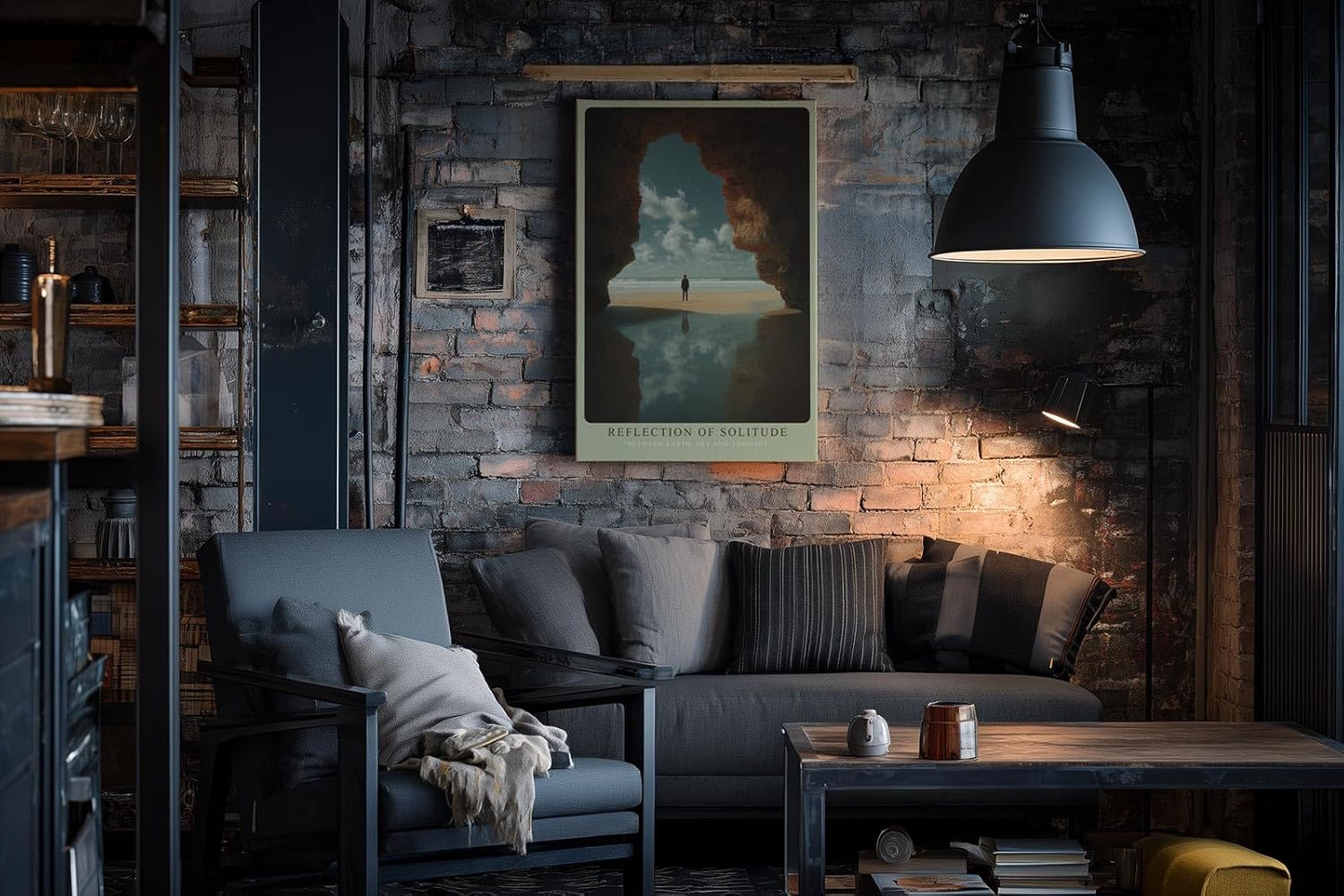 Paul Sinus Wandbild in 40x60cm Reflection of Solitude – Person am Strand im Felsenrahmen mit ruhiger Meereskulisse
