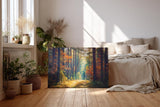 Sinus Art Wandbild 120x80cm Waldweg durch herbstlich gefärbten Wald mit Lichtspiel für gemütliche Raumwirkung