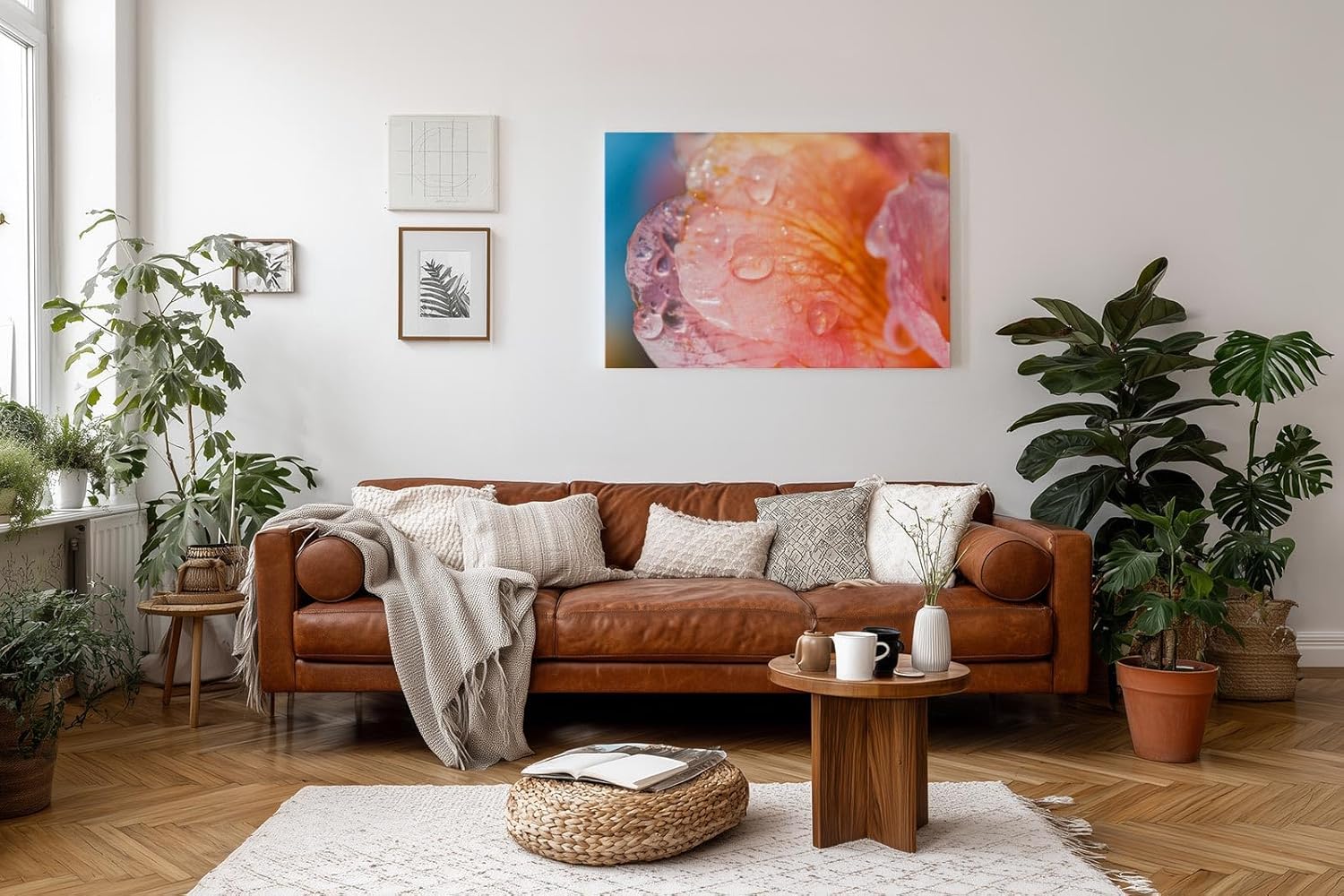 Sinus Art Wandbild 120x80cm Zarte Blütenstruktur mit Wassertropfen in weichem Morgenlicht auf Leinwand fixiert